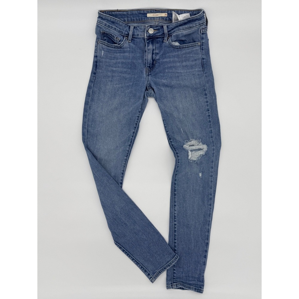 Levis 711 Skinny Jeans Womens 26 Medium Wash Distressed Ripped Knee Blue Denimโ